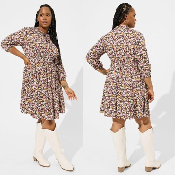 Torrid Plus Size Mini Stretch Challis Front Keyhole Dress In Floral Print - Picture 1 of 5